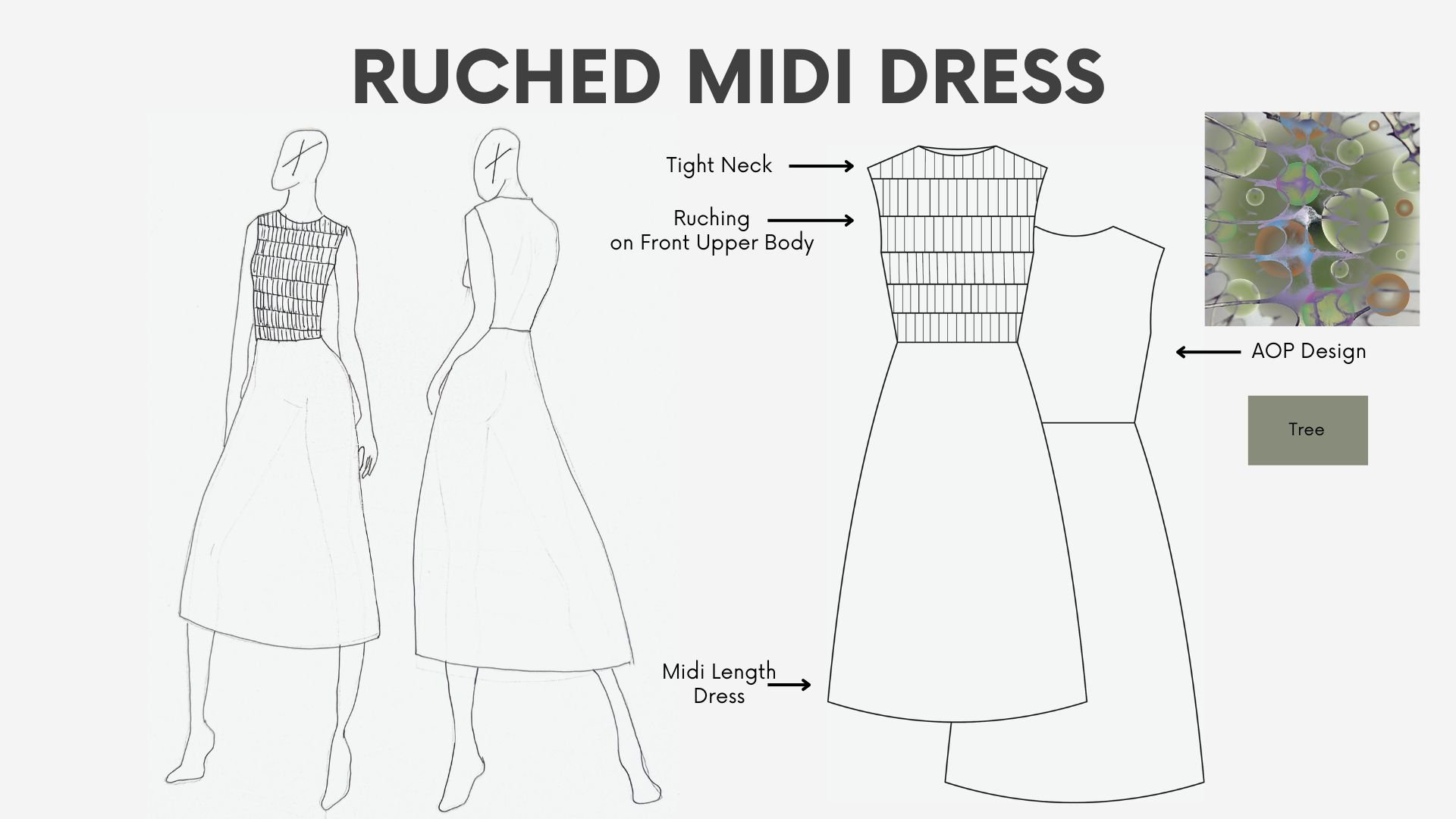 Diagram of a ruched midi dress design with front and back sketches, highlighting features like tight neck, ruching on the front upper body, and midi length. Includes a fabric pattern, a close-up of a molecular structure, and a color swatch labeled "T