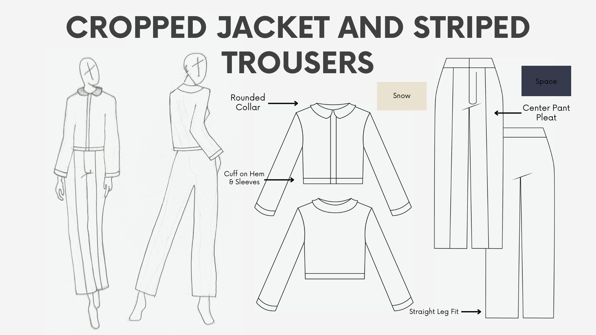 Line drawing of cropped jacket and striped trousers with fabric details, including rounded collar, cuff on hem and sleeves, snow color, space, center pant pleat, and straight leg fit.