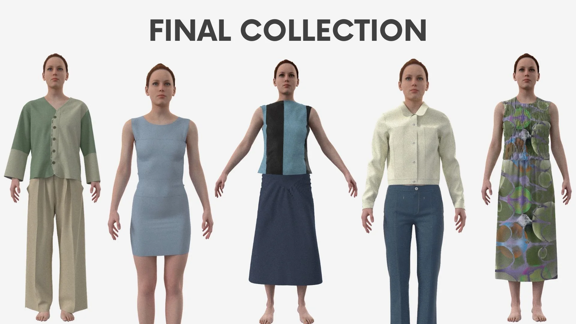 Collection of five mannequins wearing different outfits with the text "Final Collection" above them.