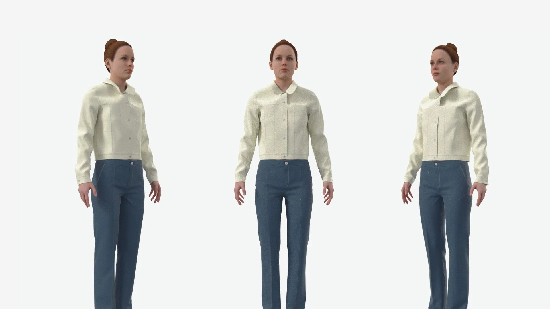Three identical women standing side by side against a white background, wearing light-colored jackets and dark pants.