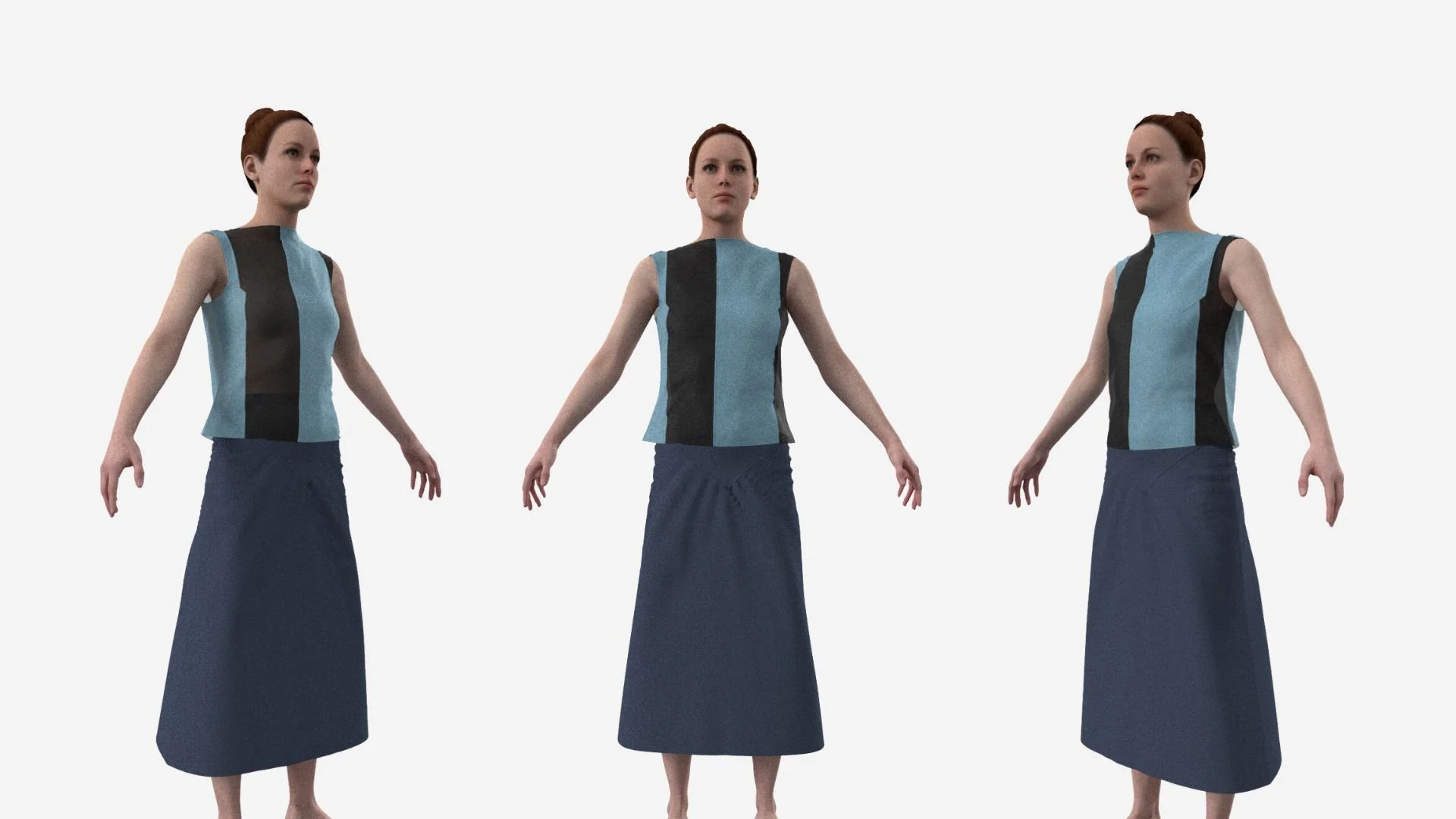 A 3D animation of a woman with a similar appearance and outfit is standing with arms extended and slightly bent in front of her body, in different positions, against a plain white background.