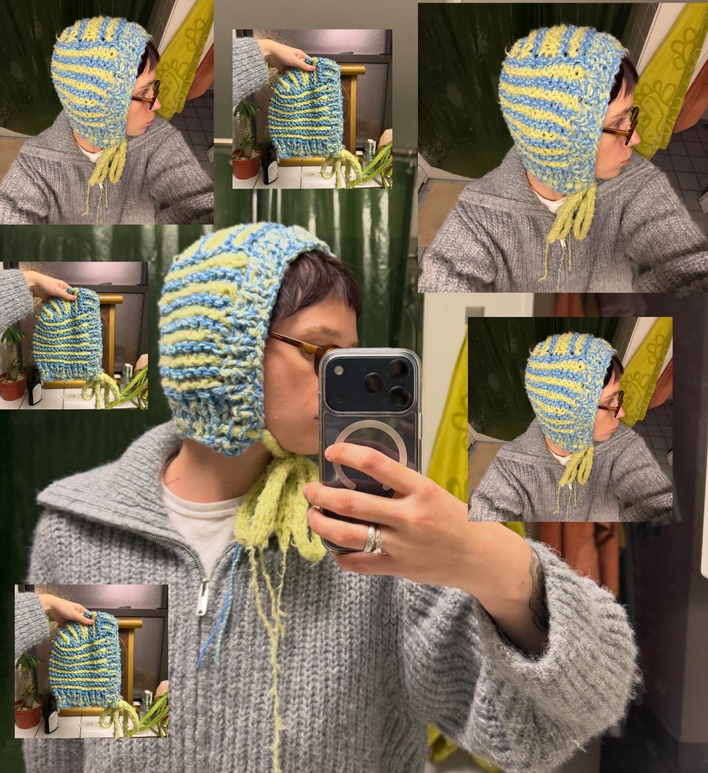 A person taking a mirror selfie wearing a gray knitted sweater and a colorful striped knit hat with yellow and blue tones, with a tie at the chin. Several smaller images around show different angles of the person and the hat, including close-ups of t