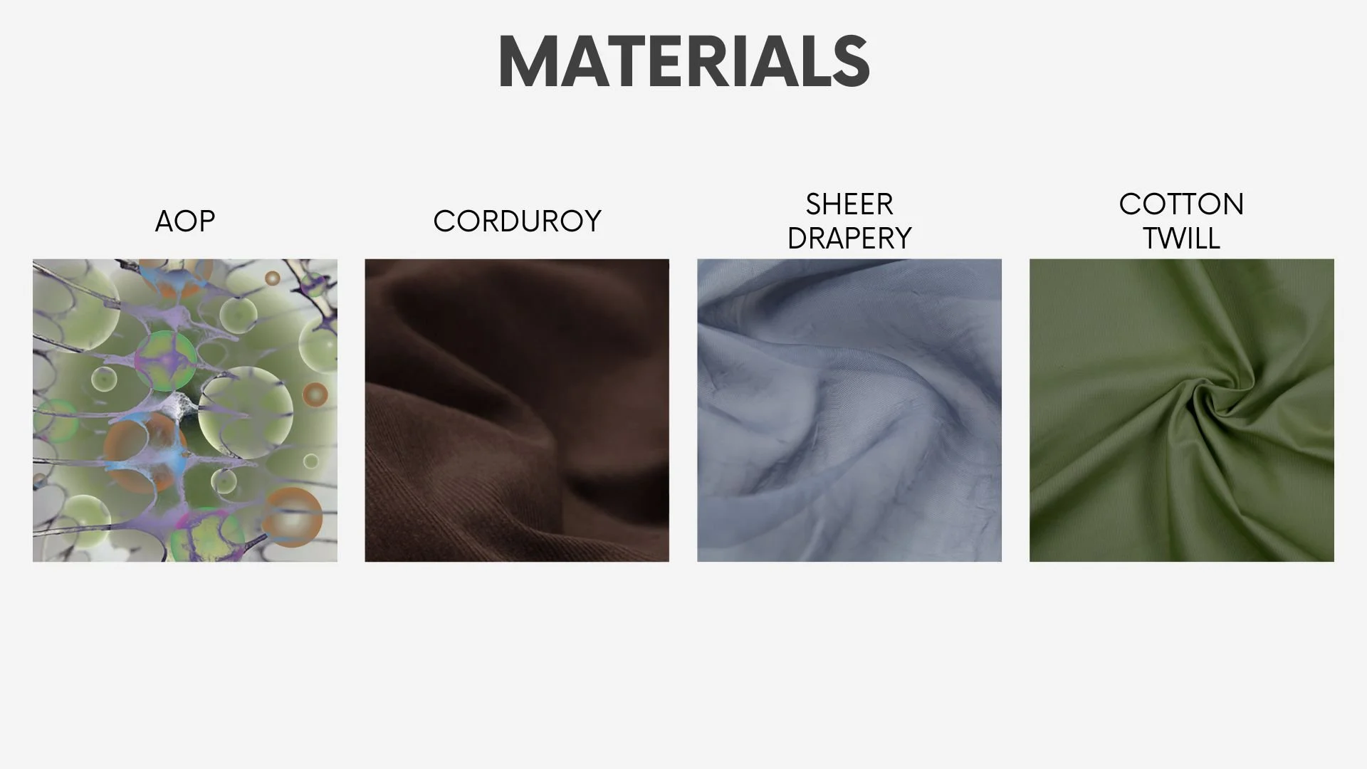 Collection of four fabric samples labeled as materials: AOP, CORDUROY, SHEER DRAPERY, COTTON TWILL.