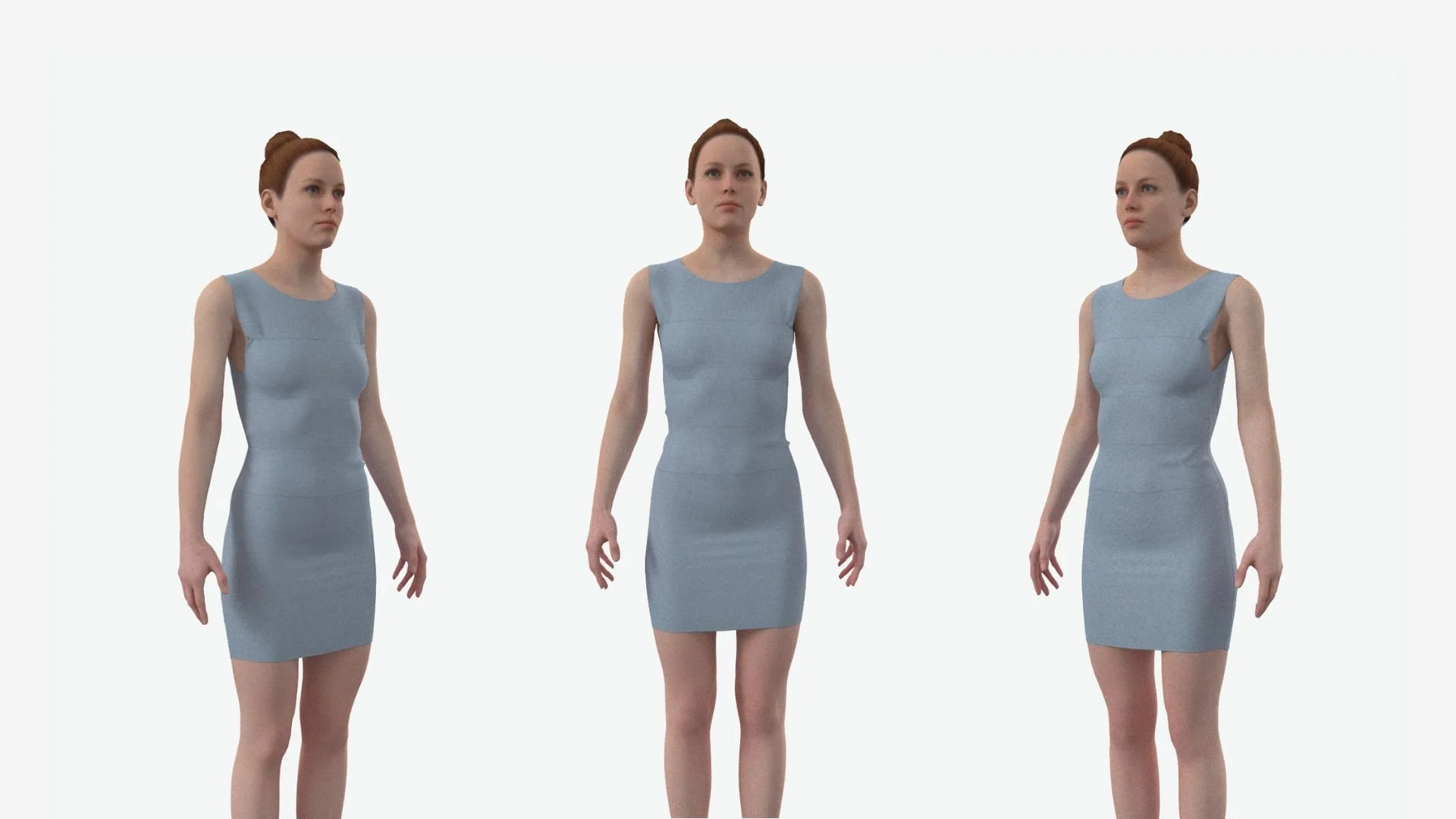 Three women standing side by side wearing matching light blue sleeveless dresses against a plain white background.