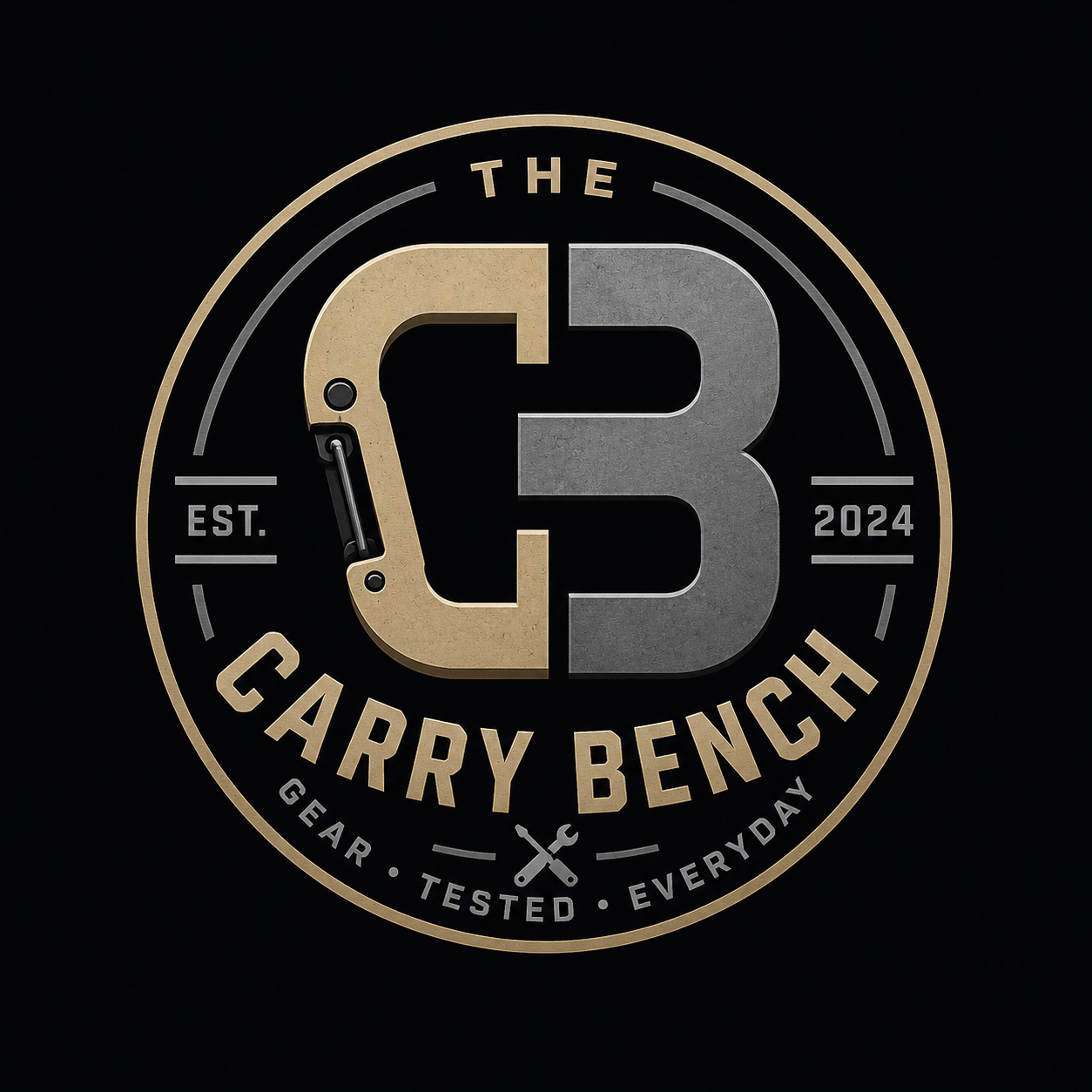Circular logo with a large split 'G3' in the center, gold and silver colors, black background. Surrounding the logo are the words 'GARY BENCH,' 'GEAR TESTED EVERYDAY,' 'EST. 2024,' and 'THE 3.' There is a small wrench icon at the bottom.
