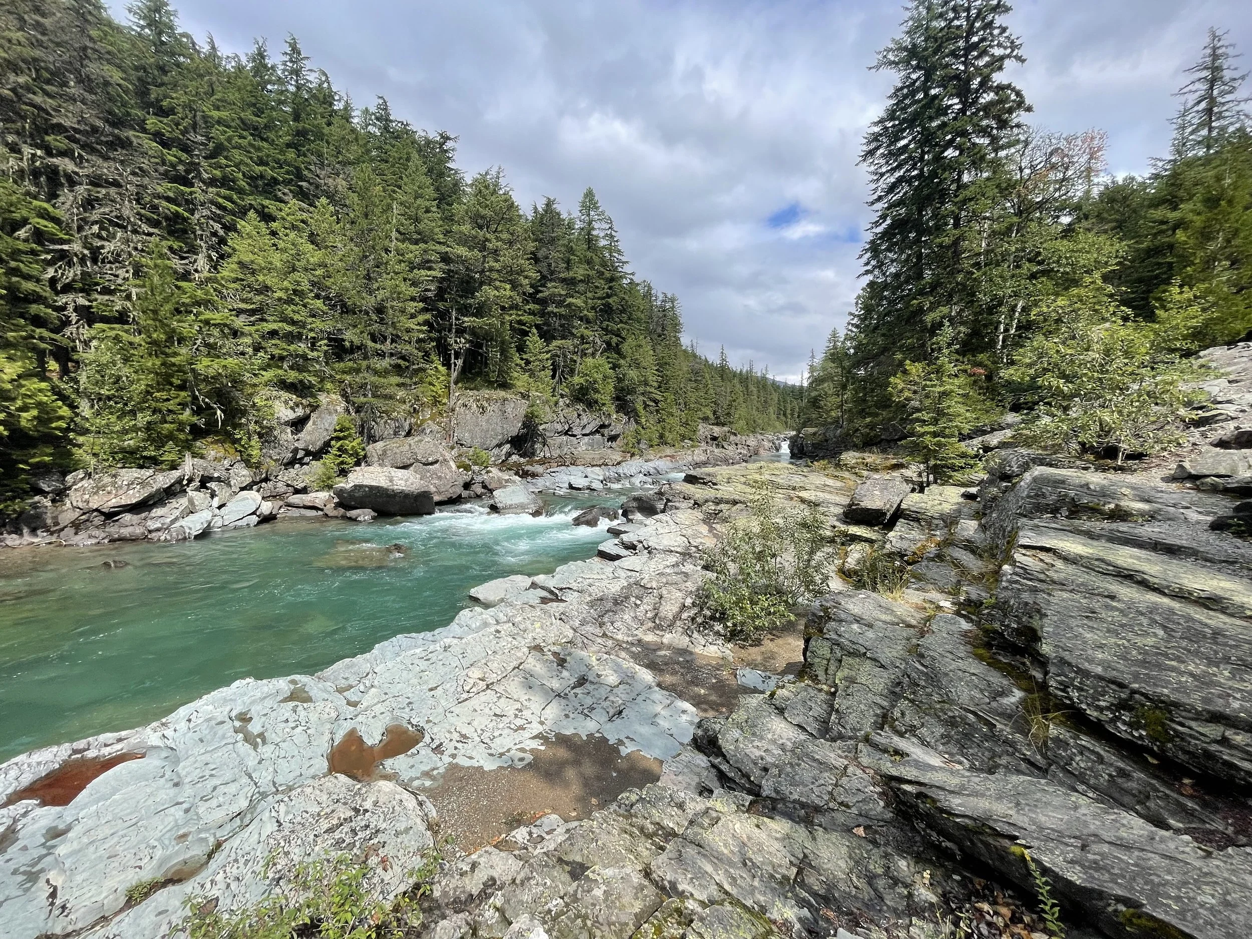 A scenic mountain landscape with a river flowing through a rocky bed, surrounded by tall pine trees, and a partly cloudy sky overhead.