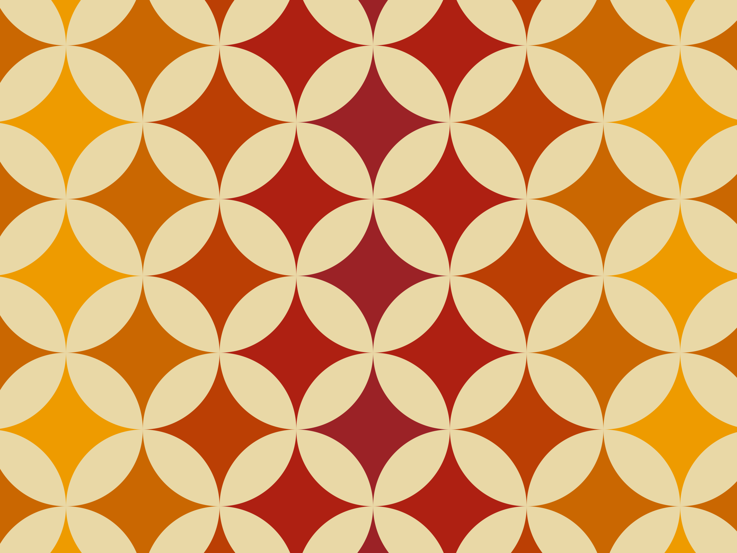 A colorful geometric pattern featuring interlocking circles in shades of orange, red, and beige