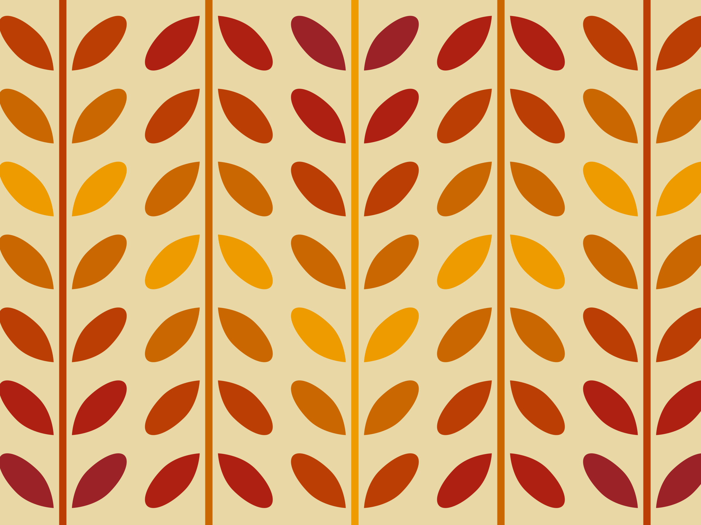 Pattern with vertical lines of stylized leaves in shades of red, orange, and yellow on a beige background.