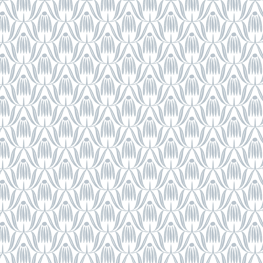 A seamless pattern of stylized blue floral motifs with curved lines and oval centers on a light gray background.