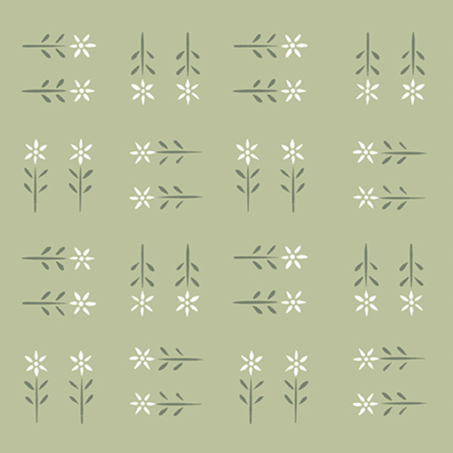 Pattern of white flowers with green stems and leaves on a light olive background.