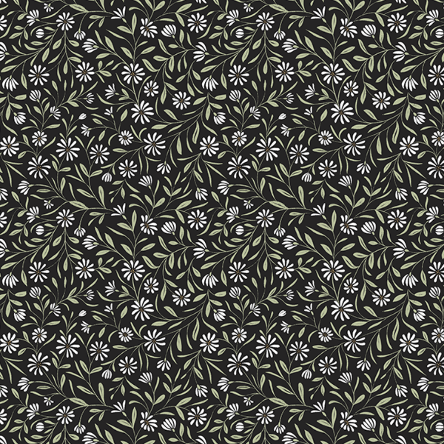 Black background with a dense pattern of small white flowers and light green leaves.