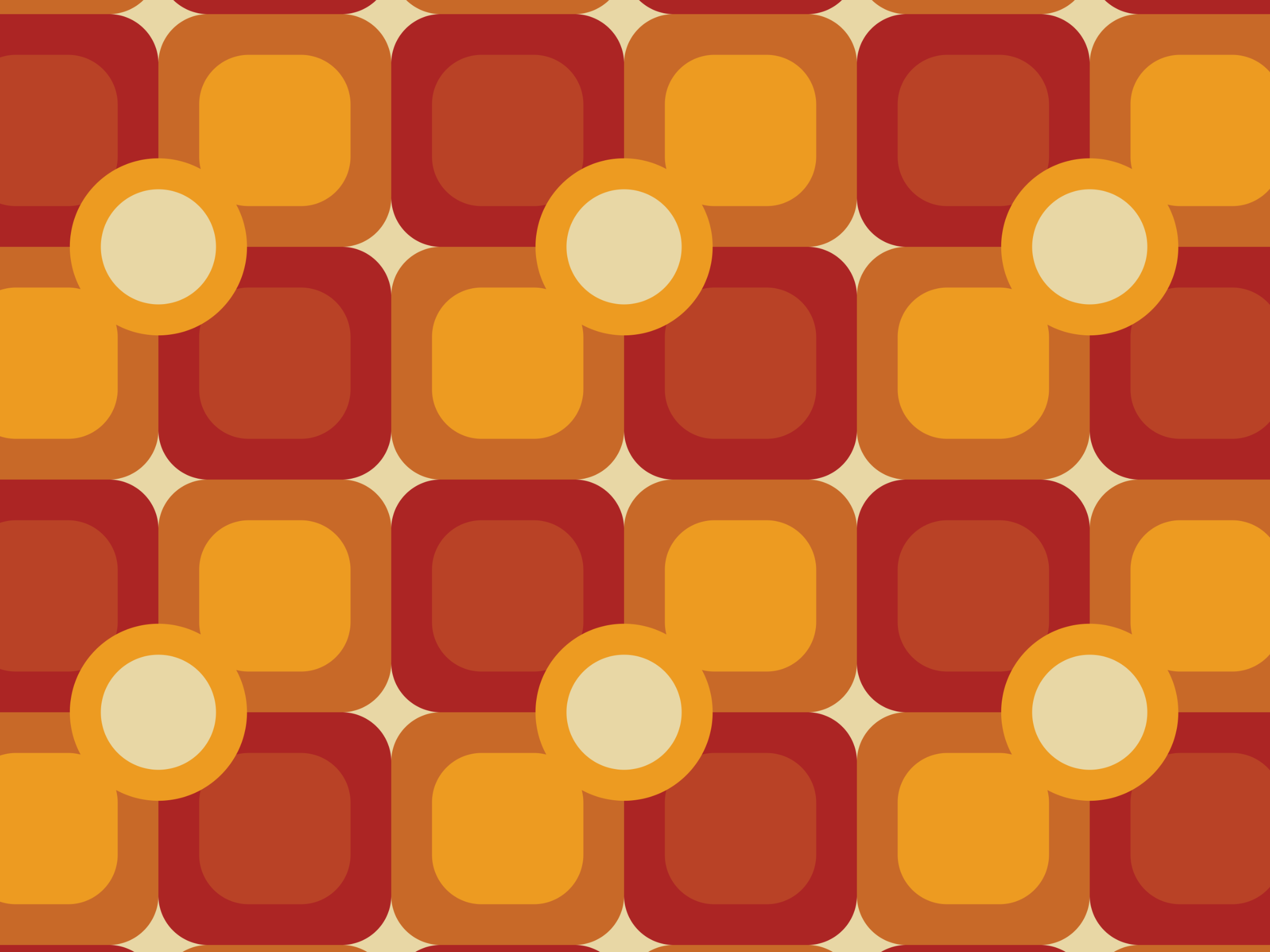 A retro geometric pattern with rounded squares in shades of red, orange, and yellow, each featuring a light beige circle in the center.