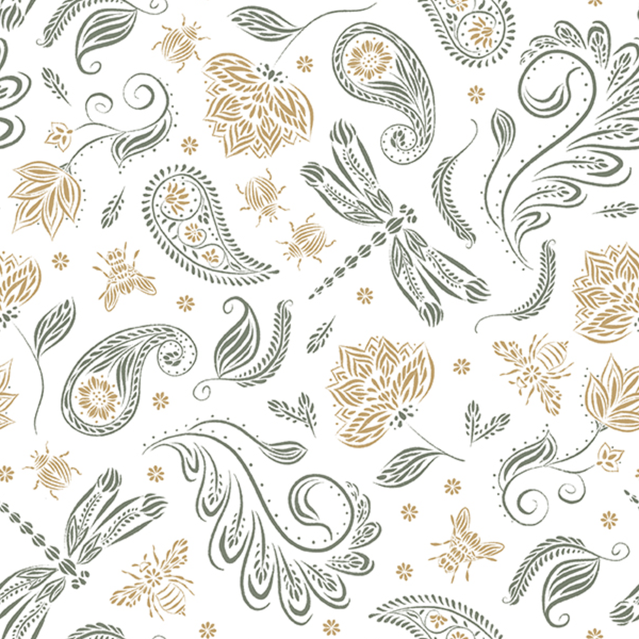 A decorative pattern with floral, leaf, bee, and swirl motifs in gray and gold on a white background.