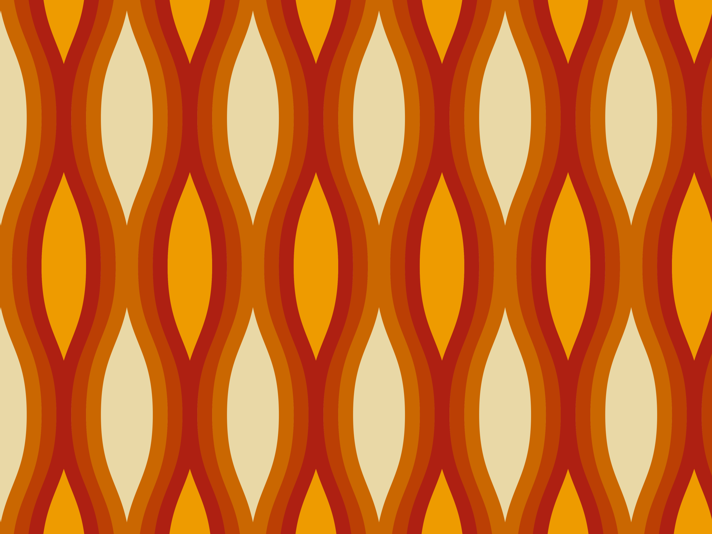 Retro 70s style patterned wallpaper with repeating geometric shapes in orange, red, yellow, and beige colors.
