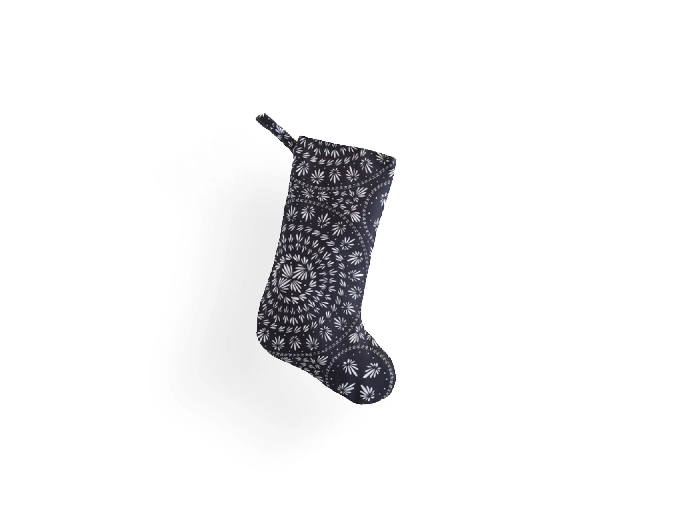 Dark Blue Christmas stocking with white mandala floral pattern design.