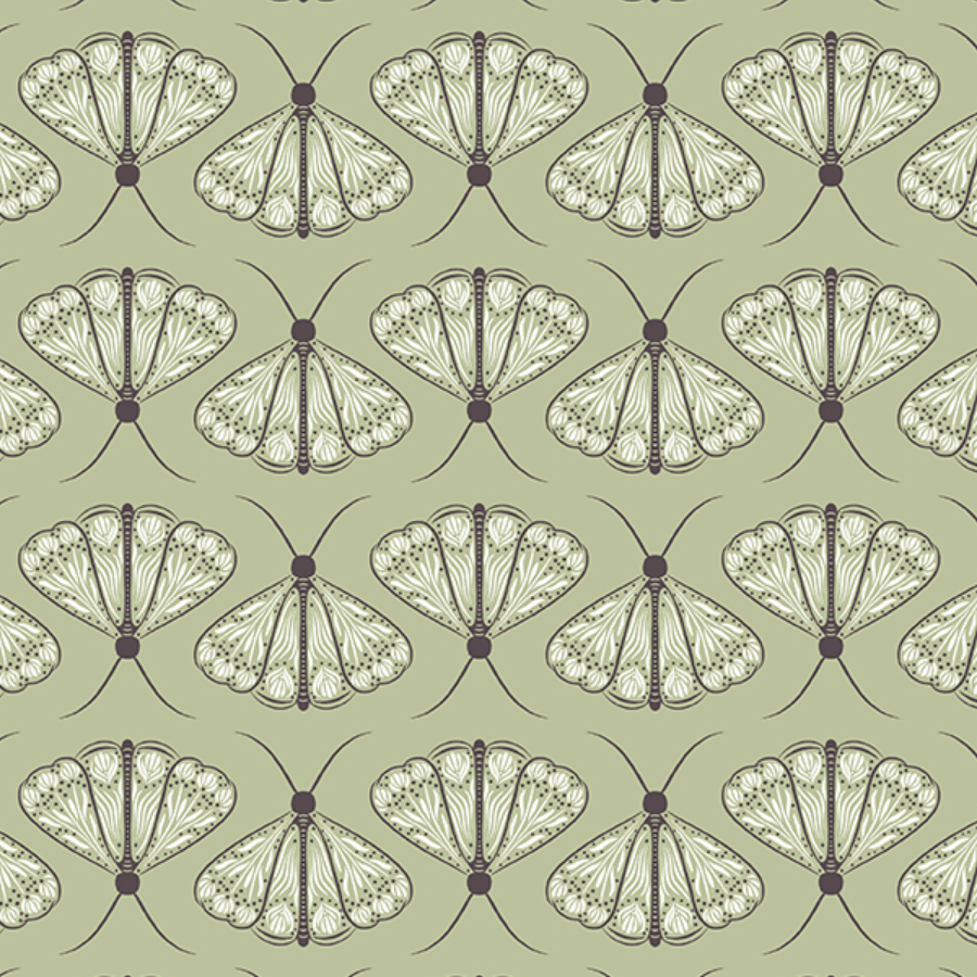 Pattern of butterflies with intricate wing details on a light green background.