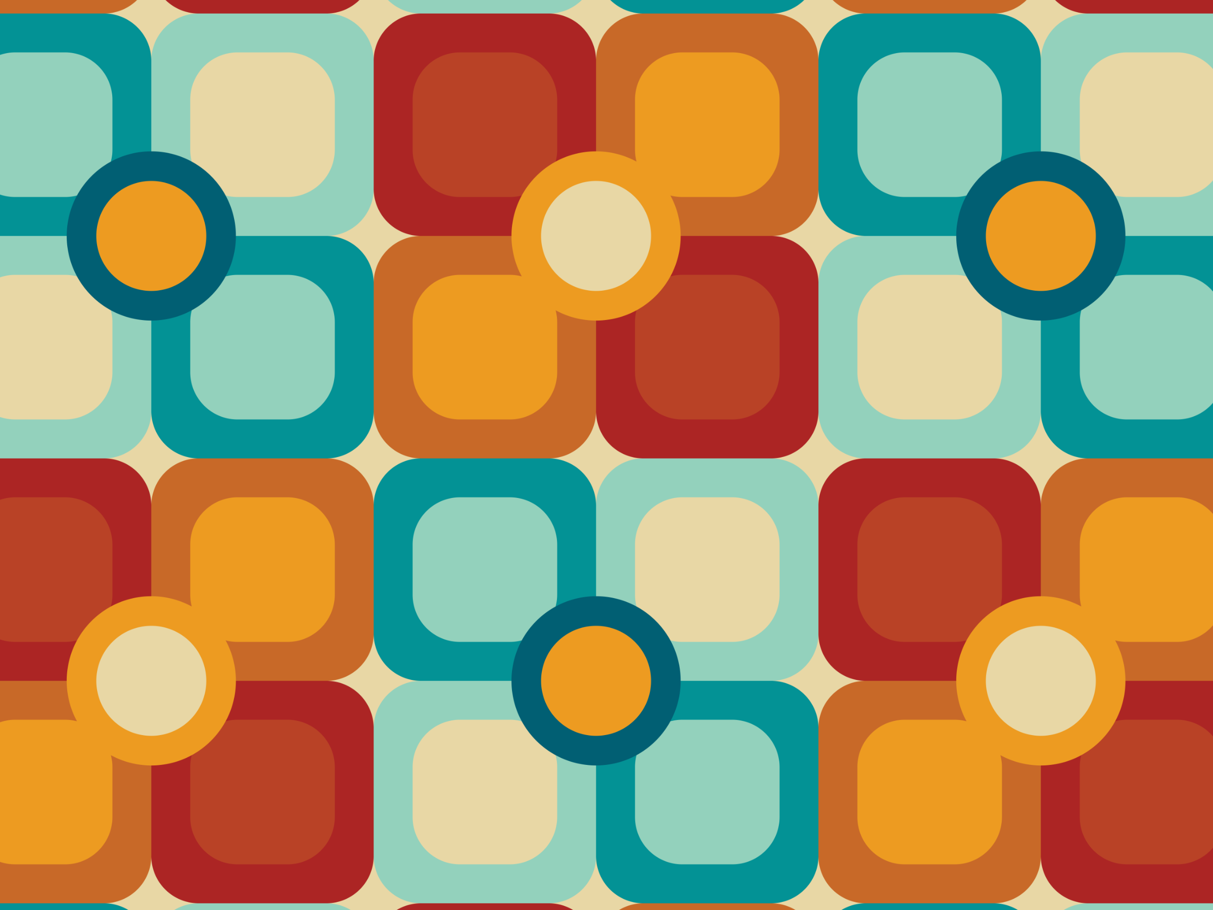 A colorful abstract pattern consisting of rounded square shapes with a retro 1970s style. The pattern features a repeating design with shades of teal, cream, red, orange, and yellow.
