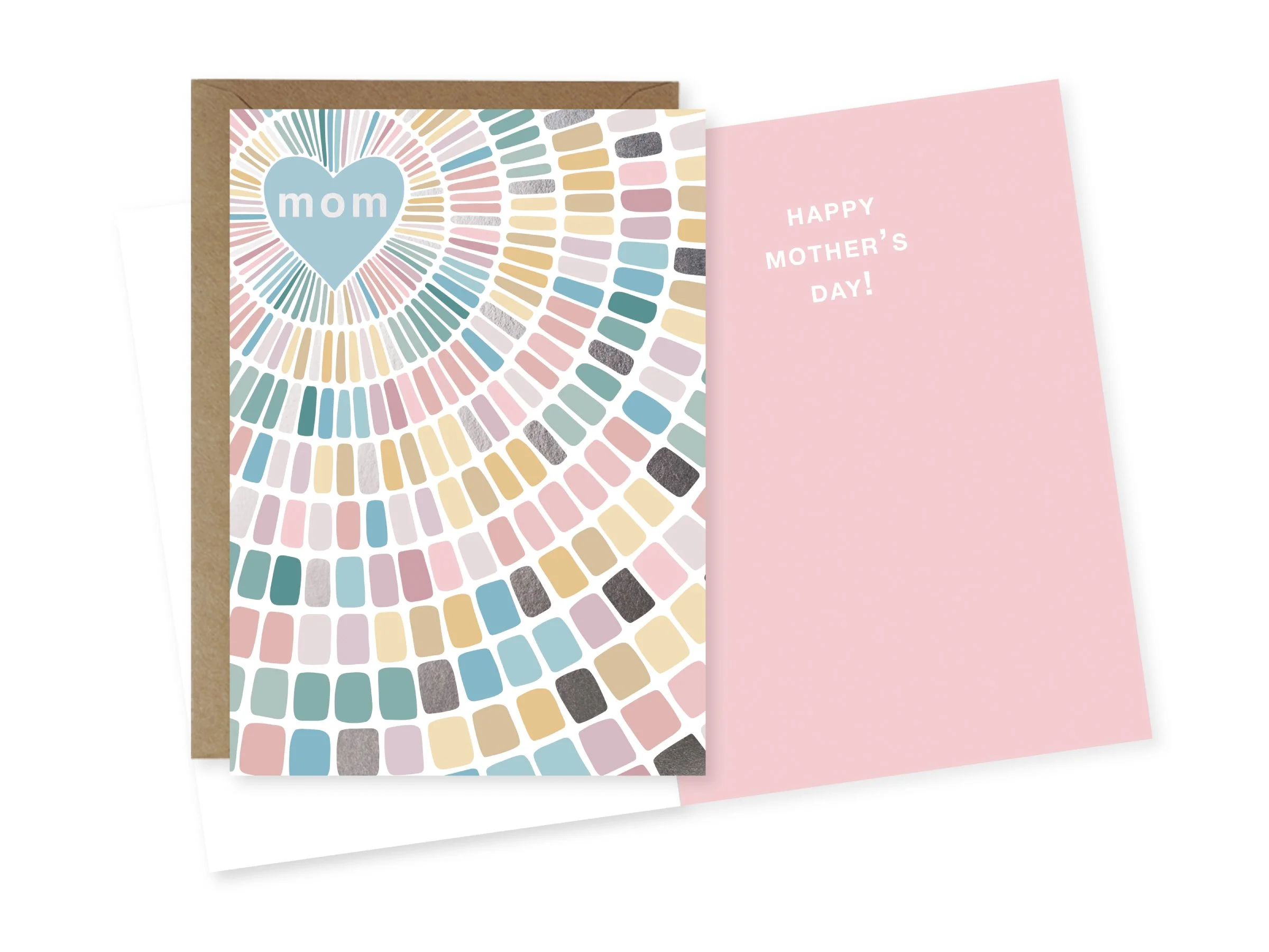 A Mother's Day greeting card with a pastel mosaic pattern and the word 'mom' in a blue heart, alongside a pink card with the message 'HAPPY MOTHER'S DAY!'