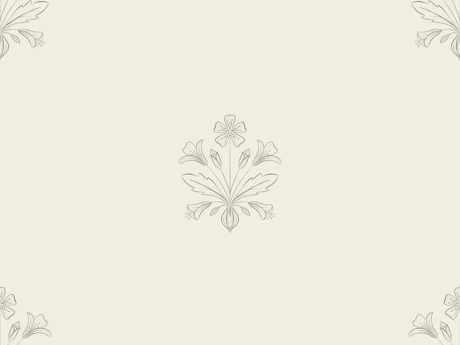 A light-colored background with a symmetrical floral design in the center and corner accents, featuring delicate line drawings of flowers and leaves.