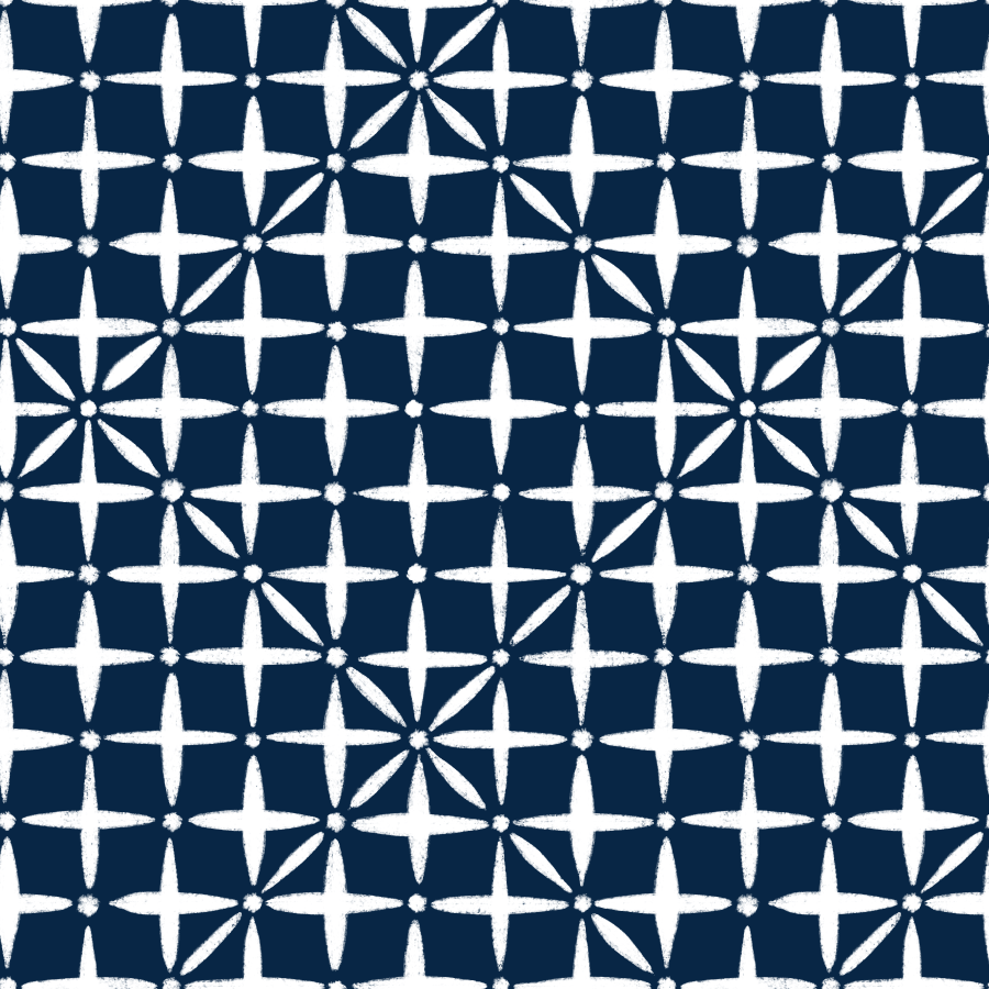 A pattern of white geometric star shapes on a dark blue background.