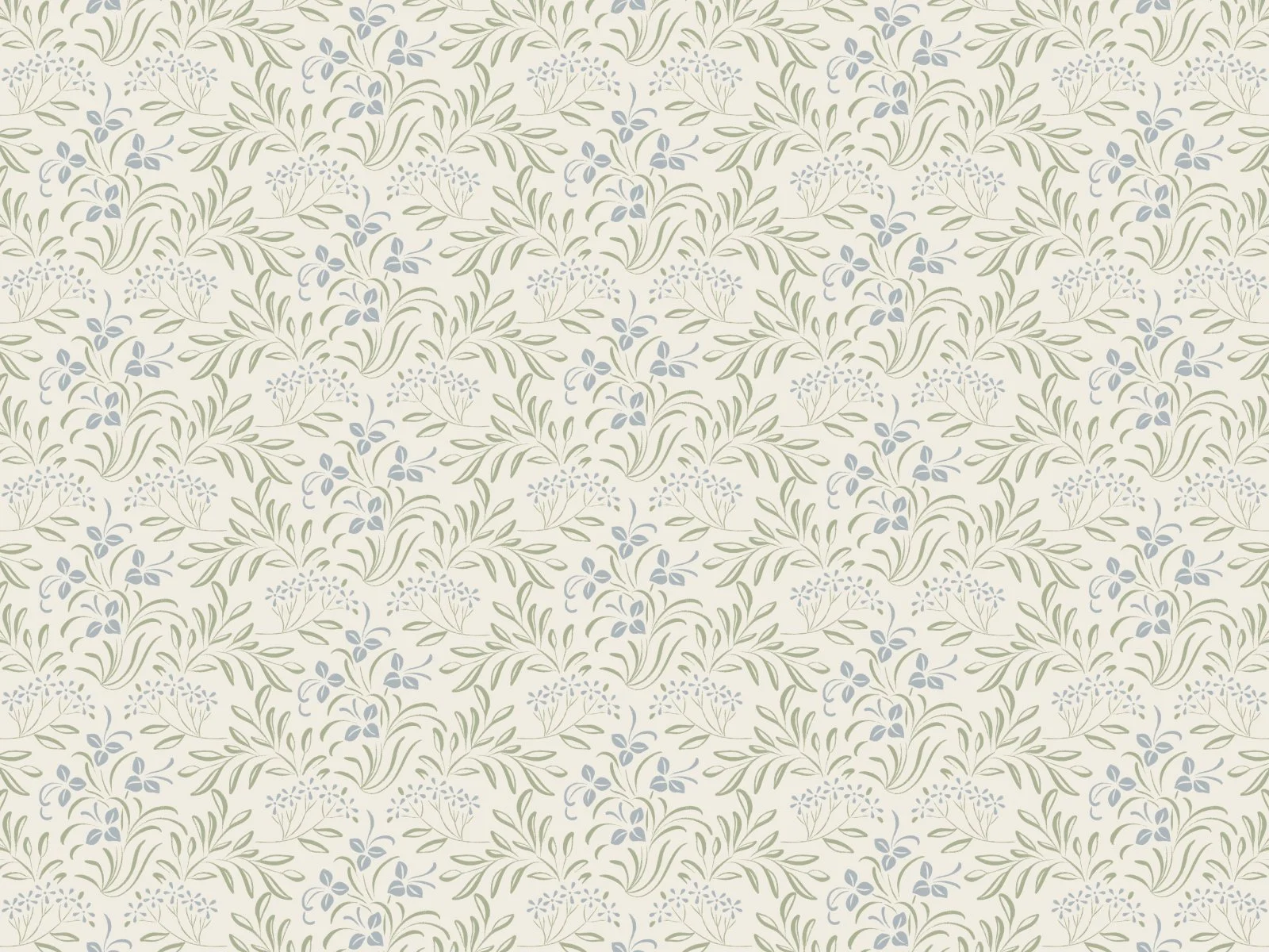 A repeating floral pattern with light green and blue flowers and leaves on a light background.