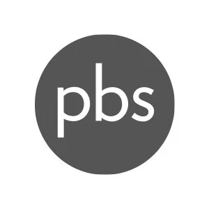 PBS logo in a dark gray circle with white lowercase letters