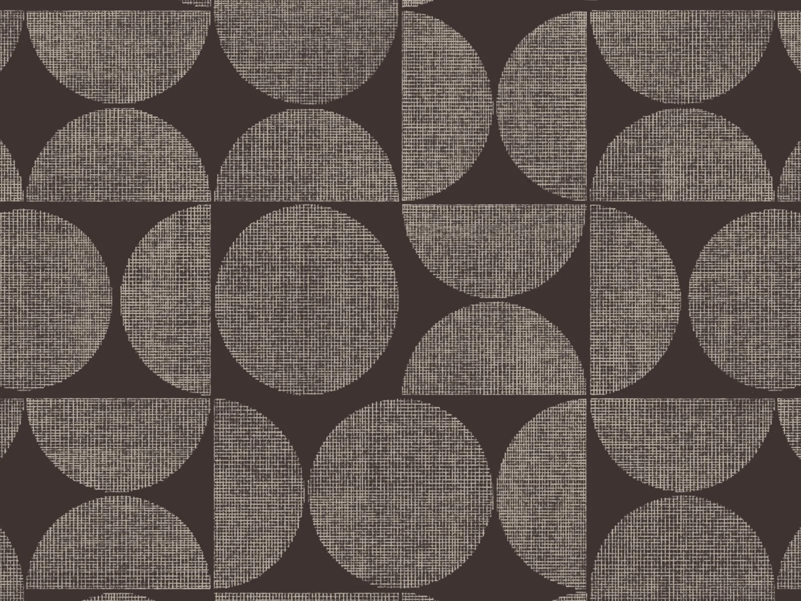 A geometric pattern with circles and squares in a repeating design, using textured shading in shades of gray on a dark background.