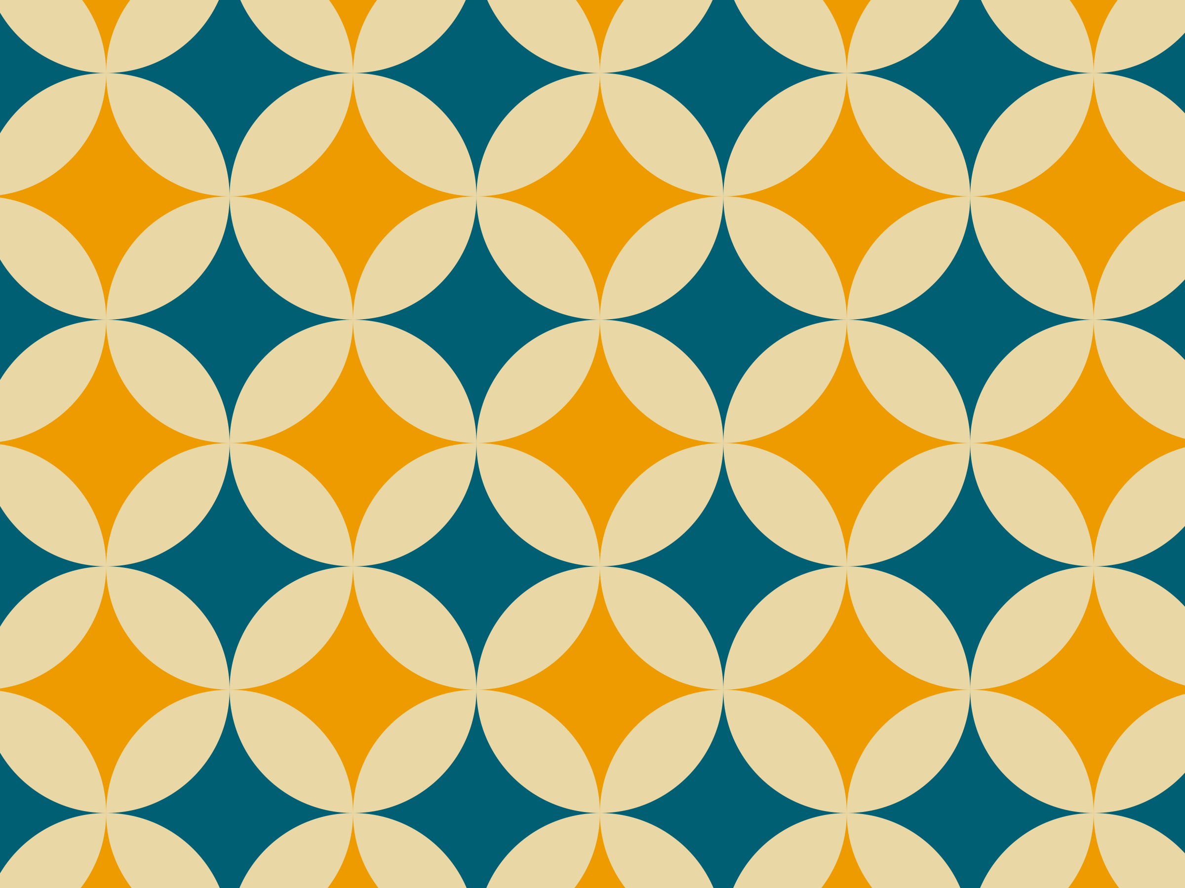 A geometric pattern consisting of large beige circles overlapping with smaller yellow diamonds and teal backgrounds creating a repeated symmetrical design.