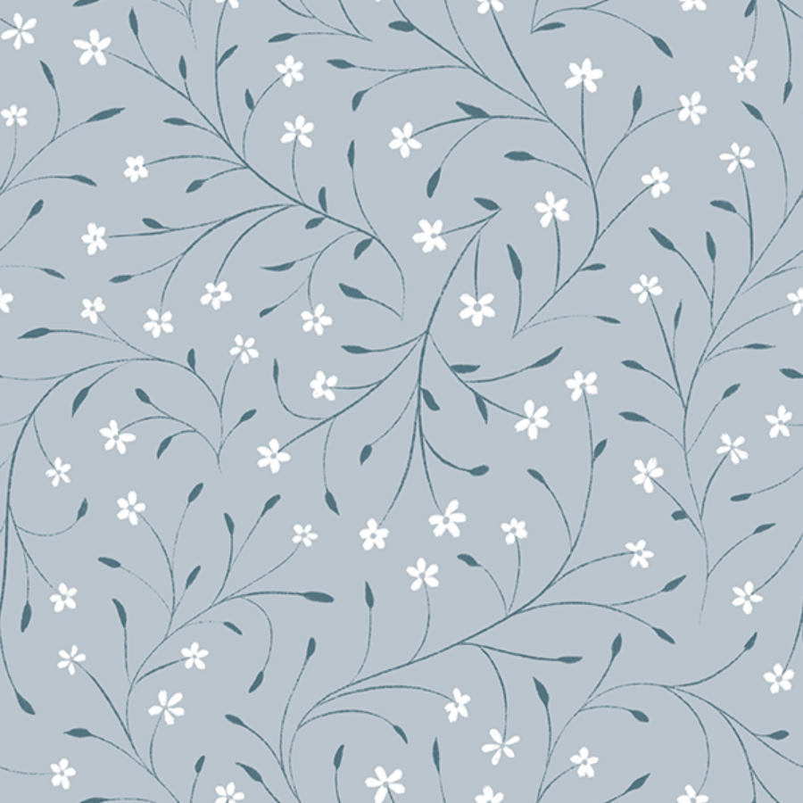 Soft blue background with a delicate pattern of white small flowers and dark green leaves and vines.