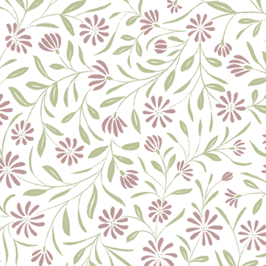 A floral pattern with pinkish-brown flowers and green leaves on a white background.