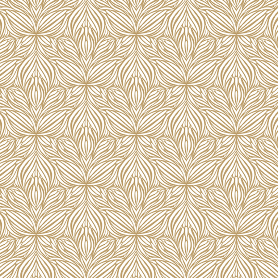 A gold and beige intricate floral pattern with symmetrical, leaf-like designs.