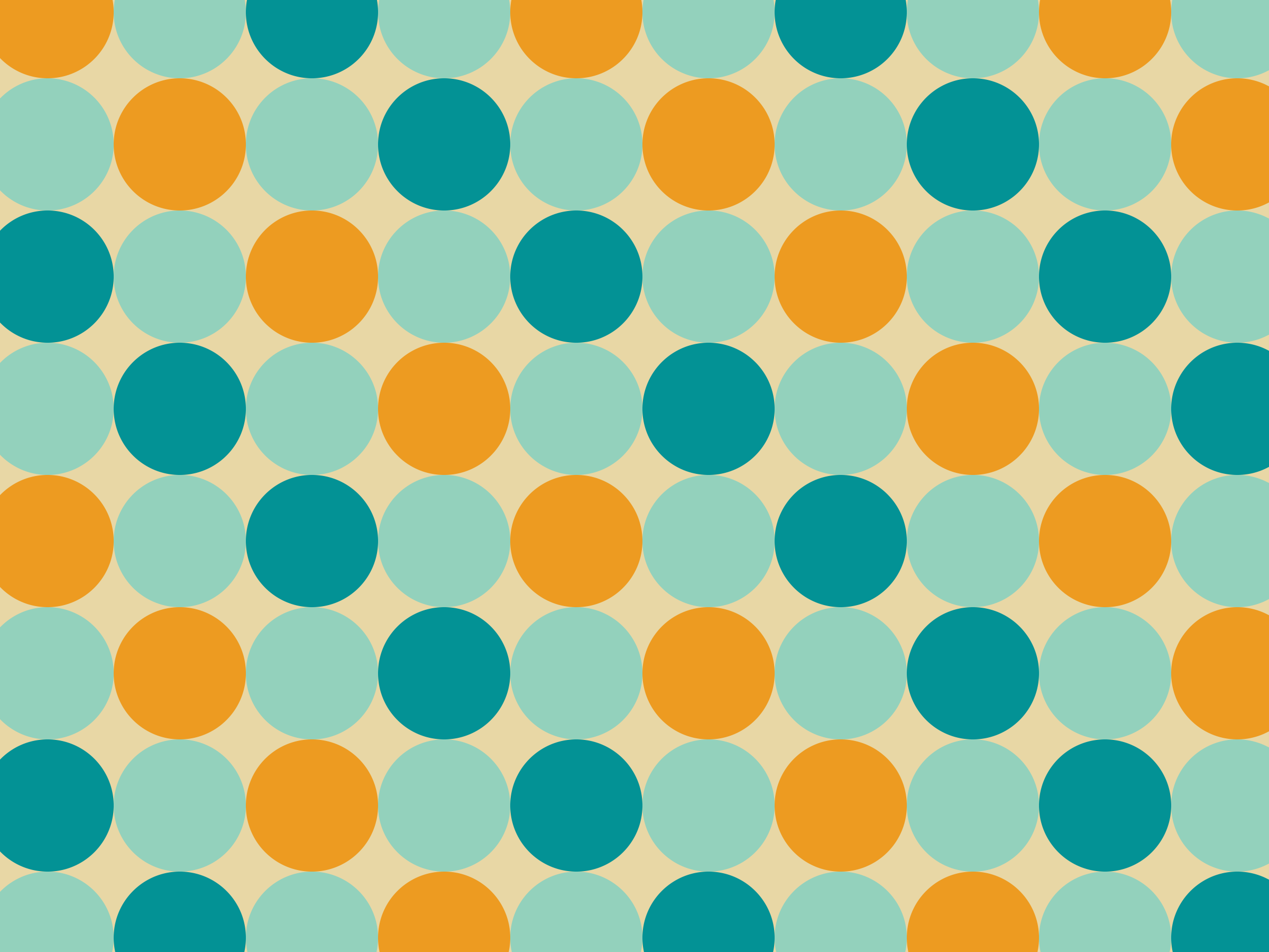 A repeating pattern of colored circles in teal, light blue, orange, and beige on a beige background.