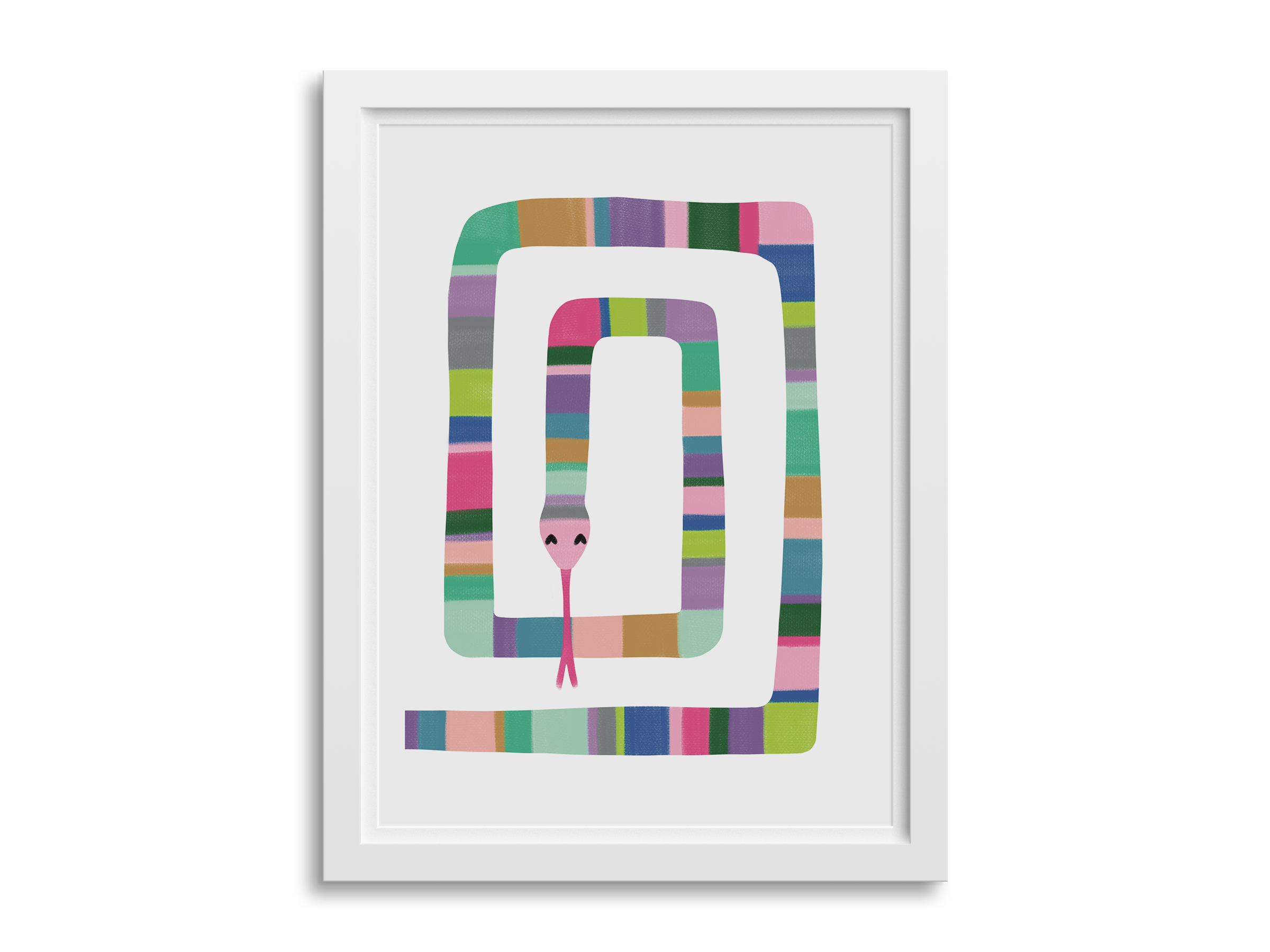 A framed artwork of a colorful, striped snake shape with a pink tongue, resembling the Instagram logo.