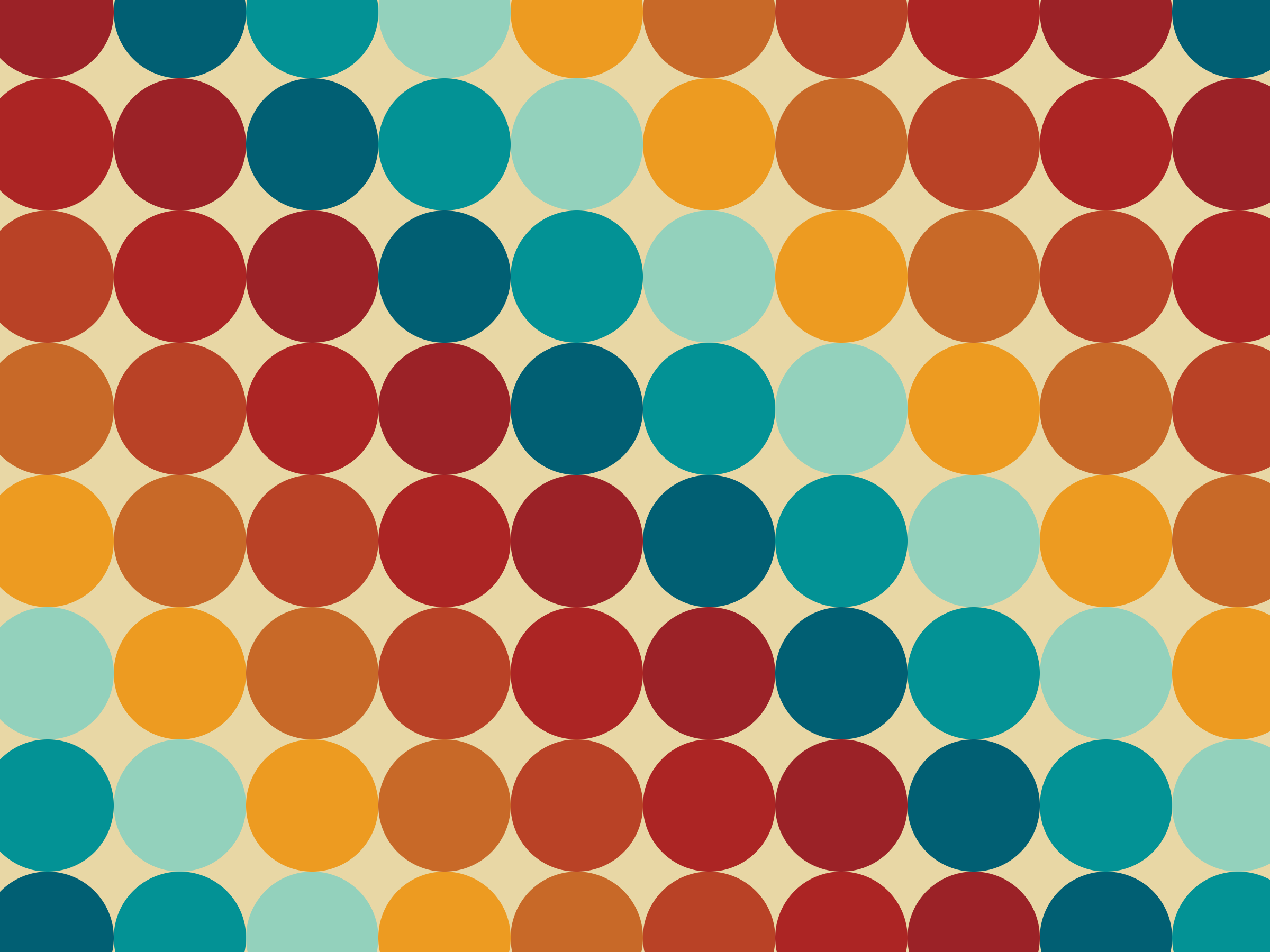 A vibrant pattern of multicolored circles on a beige background, arranged in horizontal rows.