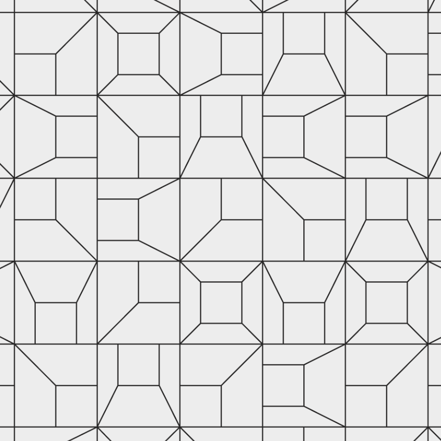 A black and white geometric pattern composed of various interconnected lines forming squares and polygons.