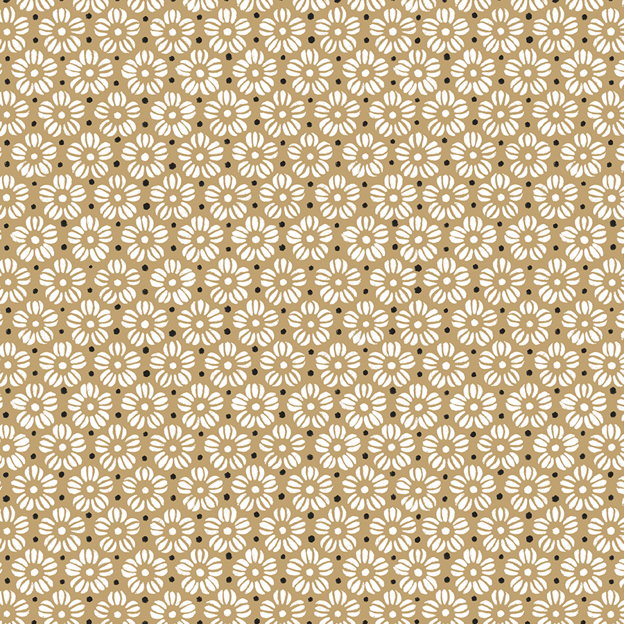 A repeating pattern of white daisy-like flowers with black centers on a tan background.