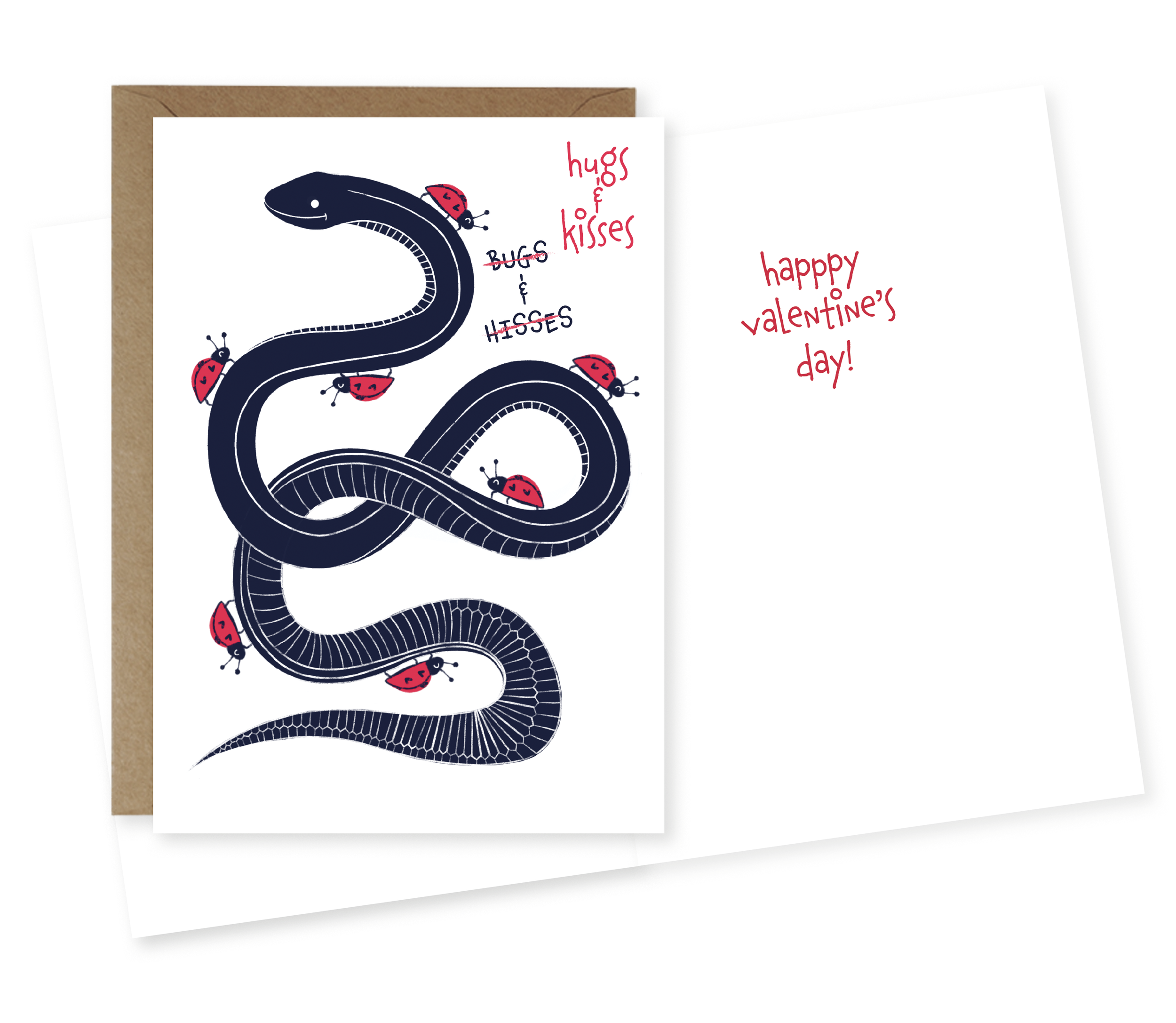 Valentine's Day greeting card with a black snake illustration, ladybugs, and red handwritten text saying 'hugs and kisses' on the front. The inside of the card, visible on the right, says 'happy valentine's day!' in handwritten red text.