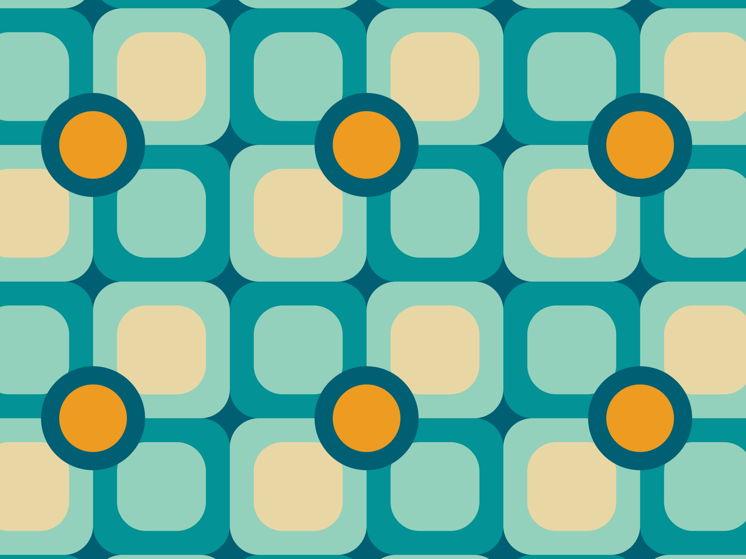 A geometric pattern with interconnected shapes in shades of teal, cream, and orange.