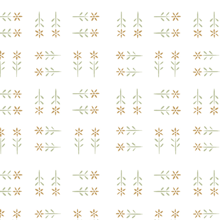 Repeating pattern of small green leaves and brown flowers on a white background.