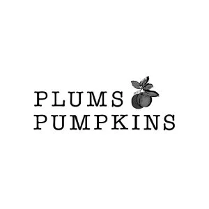 Text reads "Plums Pumpkins" with a small illustration of a pumpkin with a leaf and stem