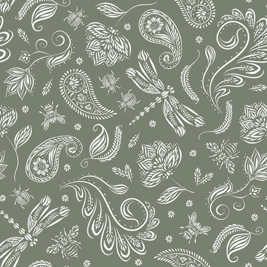 White floral and insect pattern with leaves, flowers, dragonflies, bees, and paisley shapes on a dark green background.