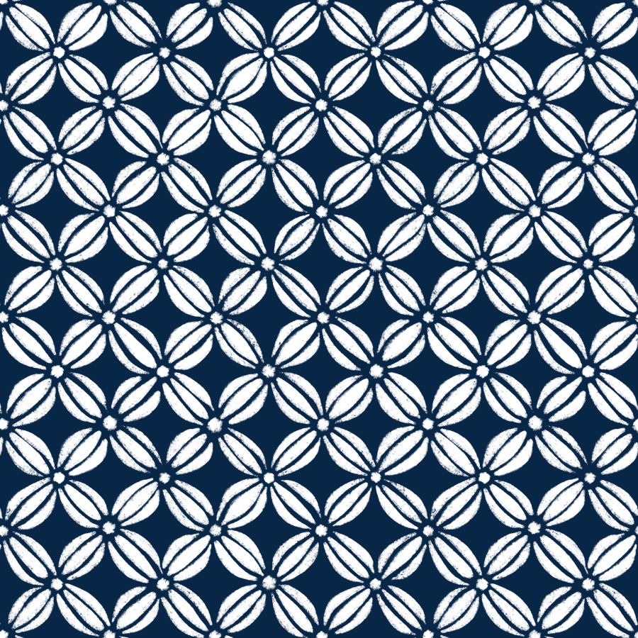 A repeating geometric pattern of white flower-like shapes on a dark blue background.