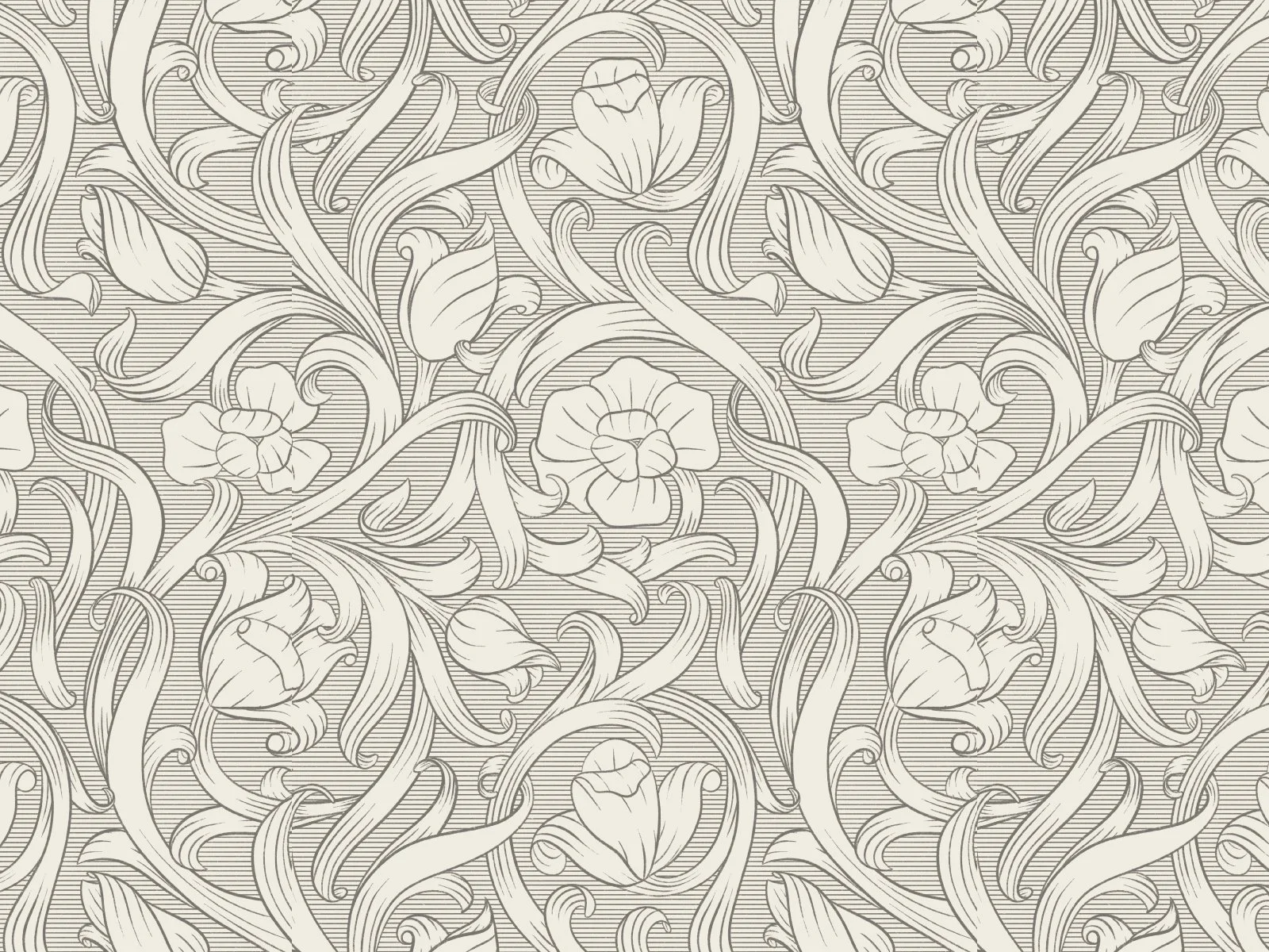 An intricate black and white floral pattern with flowing vines and blooming flowers, featuring detailed line work and horizontal lines in the background.