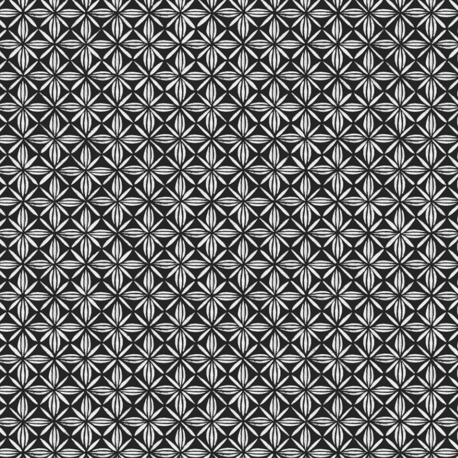 Black and white geometric pattern with radial symmetry, repeating star shapes.