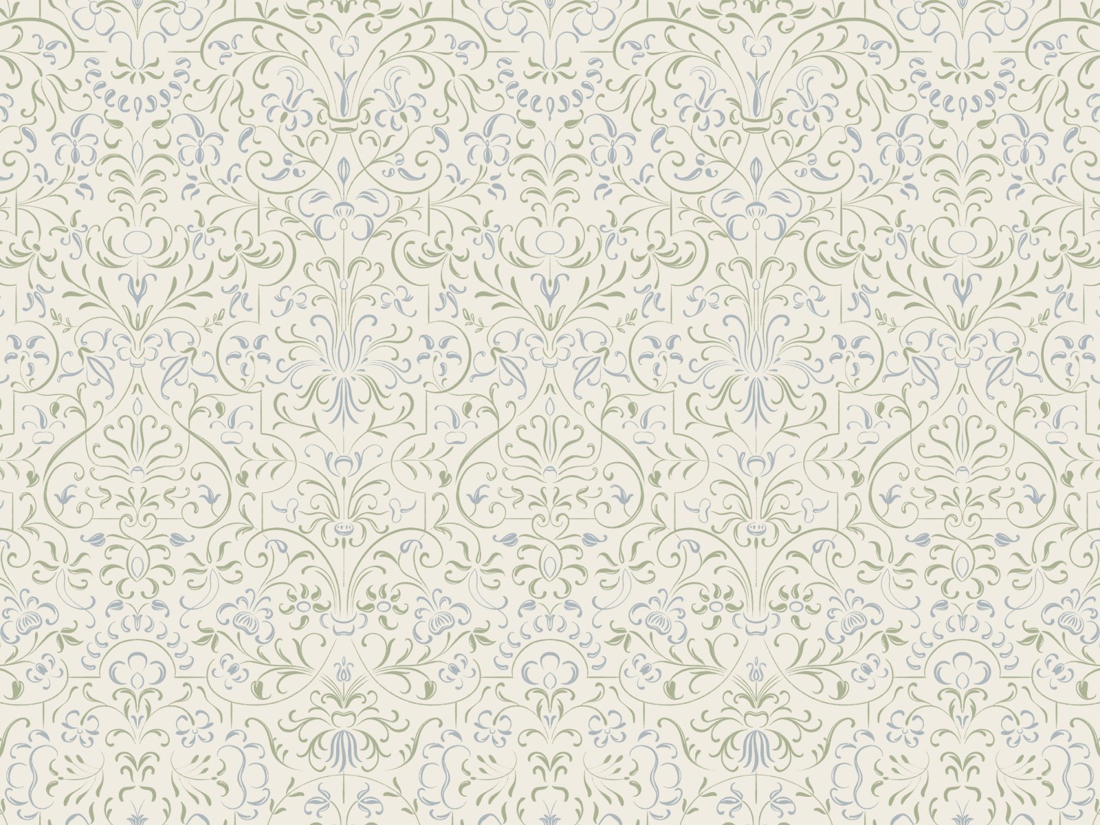 A decorative pattern with intricate floral and scroll designs in shades of beige, pale blue, and gray, repeating seamlessly across the surface.