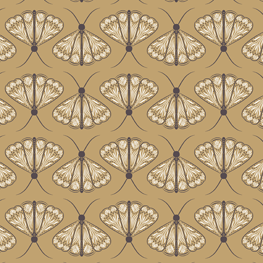 Pattern of beige butterflies with detailed white and black wing patterns on a tan background.