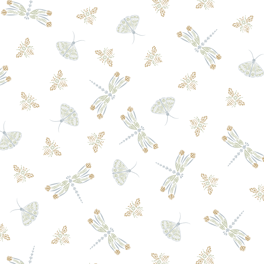 Pattern of butterflies and small floral motifs in pastel colors on a white background.