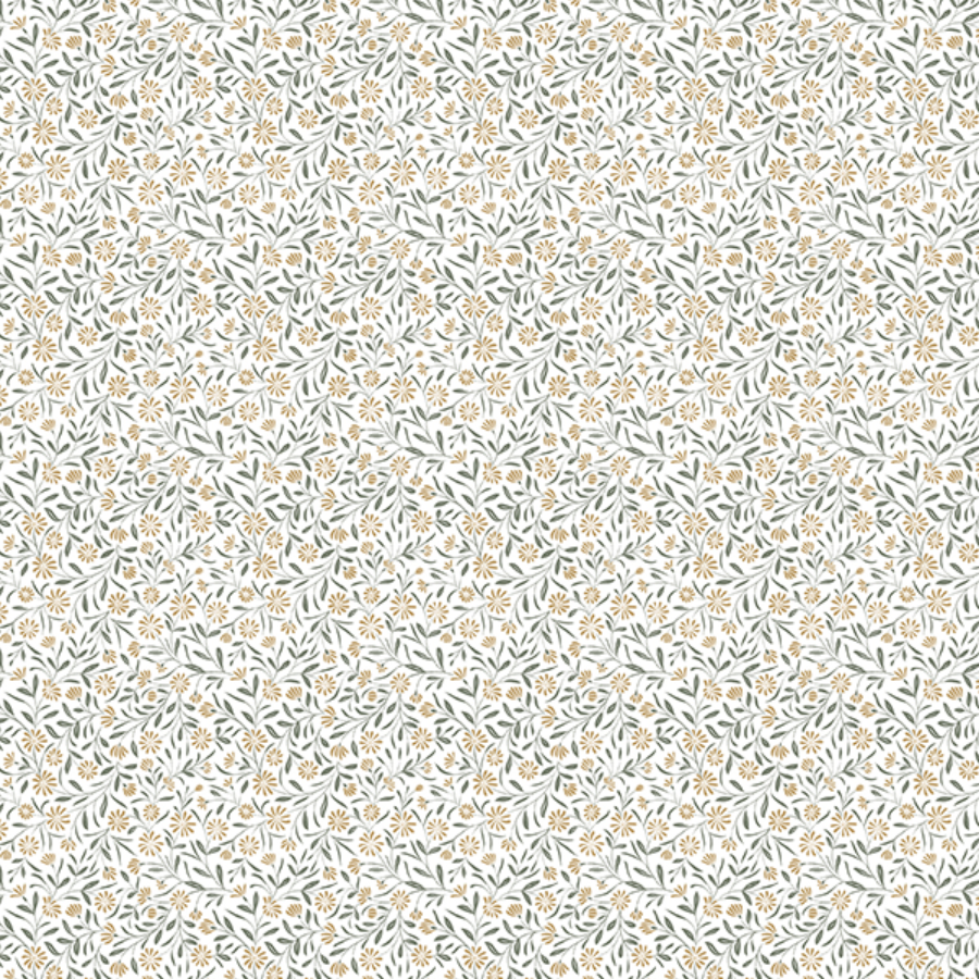 A floral patterned fabric with small yellow flowers and grey-green leaves on a white background.