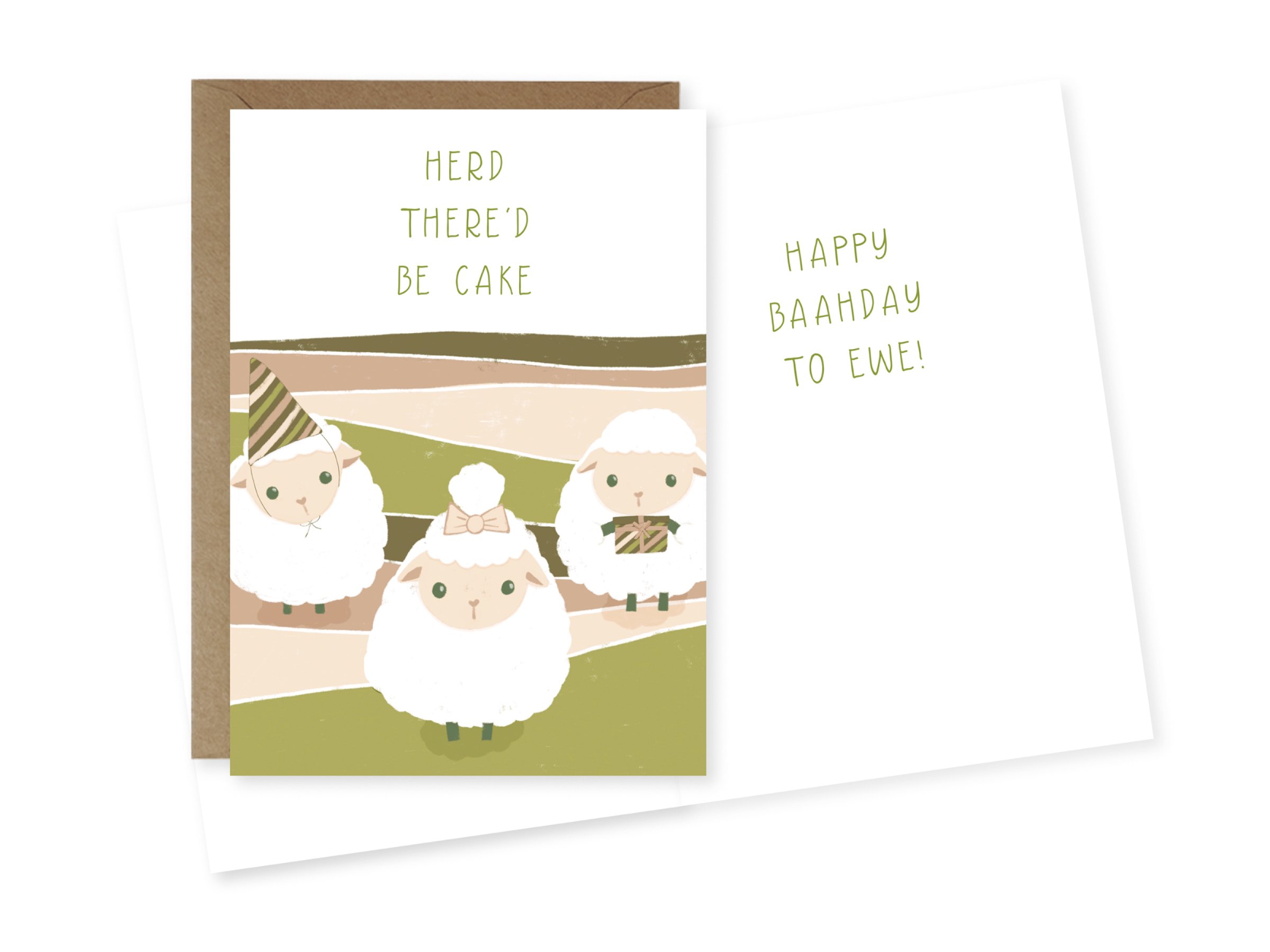 A set of birthday greeting cards with a sheep theme, featuring cute illustrations of sheep and playful messages in green text, such as 'Herd There'd Be Cake' and 'Happy Bahday to Ewe.'