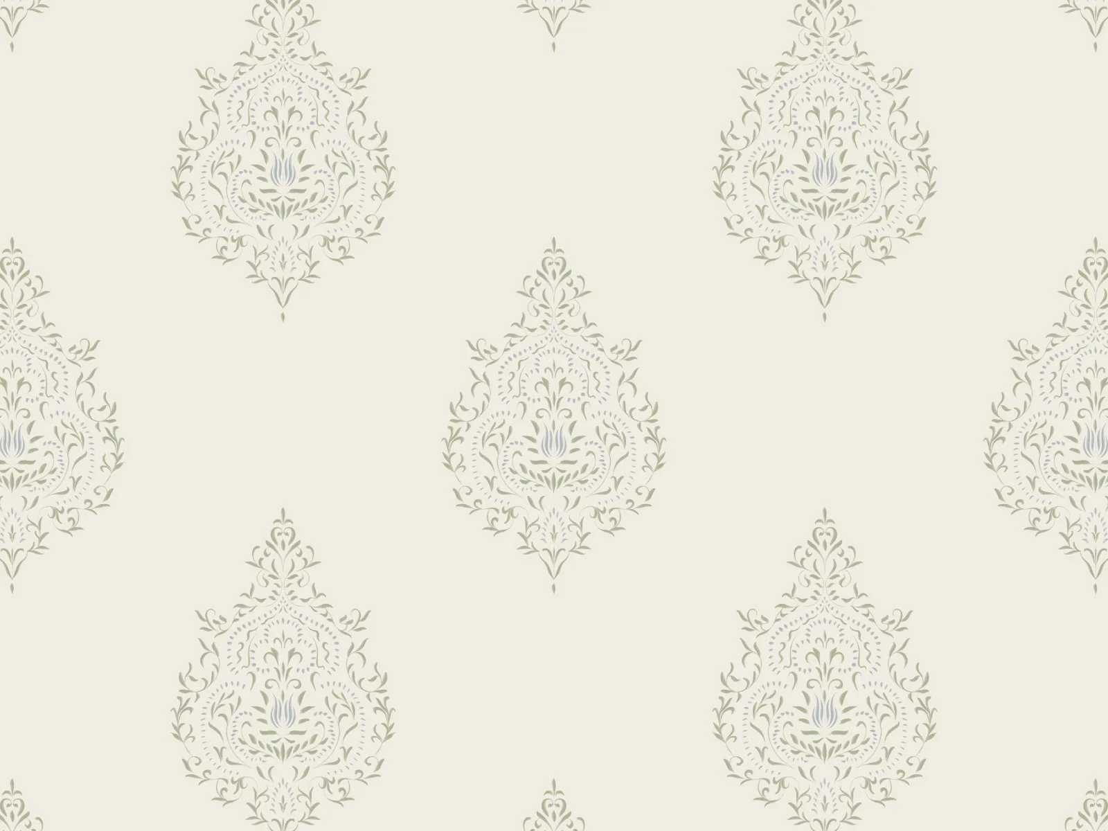 Pattern of ornate, symmetrical floral damask design in muted green and blue on a cream background.